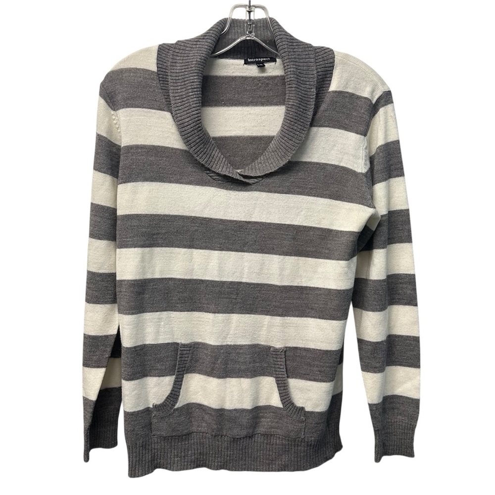 Striped Grey and Cream Shall Collar Kangaroo Sweater L